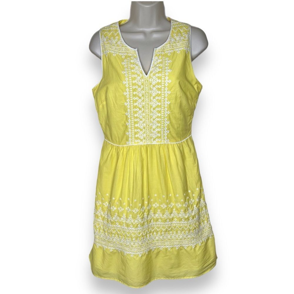 Vineyard Vines Yellow White Embroidered Sleeveless Split V Neck Dress Women 4